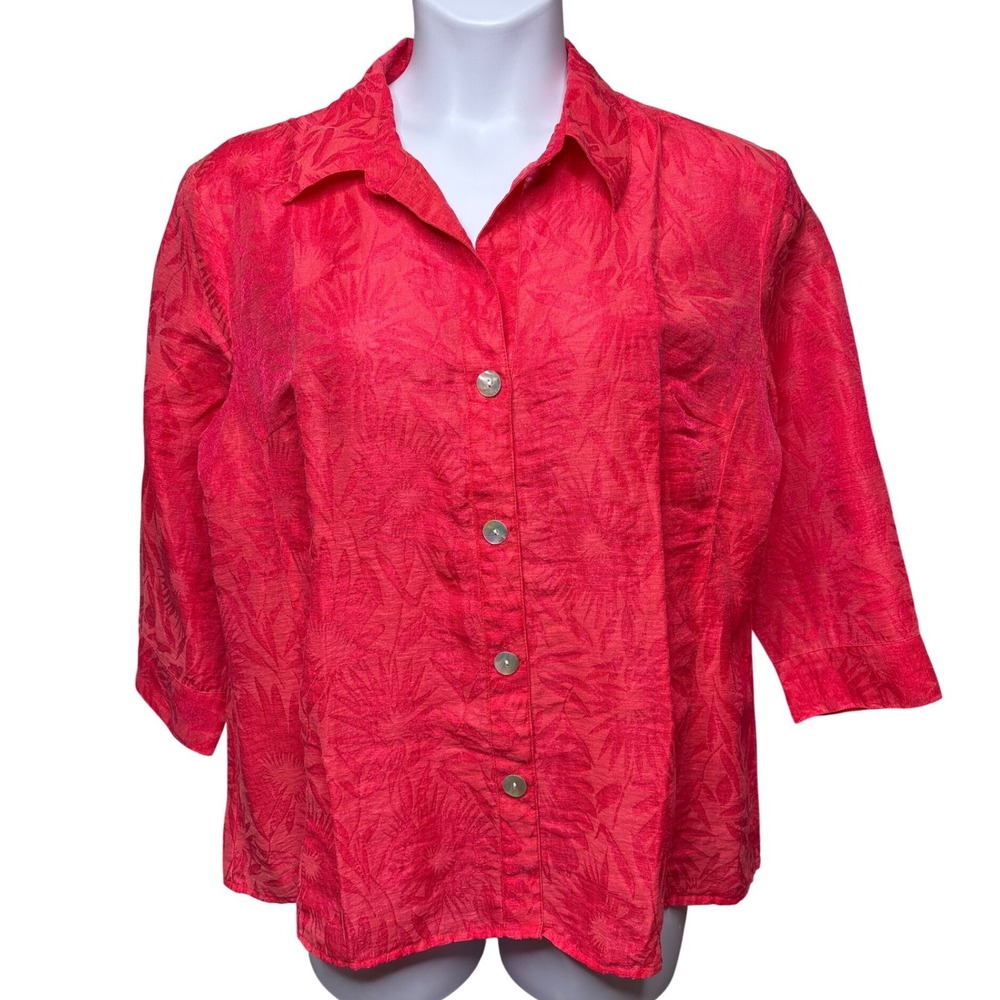 CHICO'S Womens Coral Red Floral Jacquard Button Up Blouse Sz 3/XL Lagenlook Chic